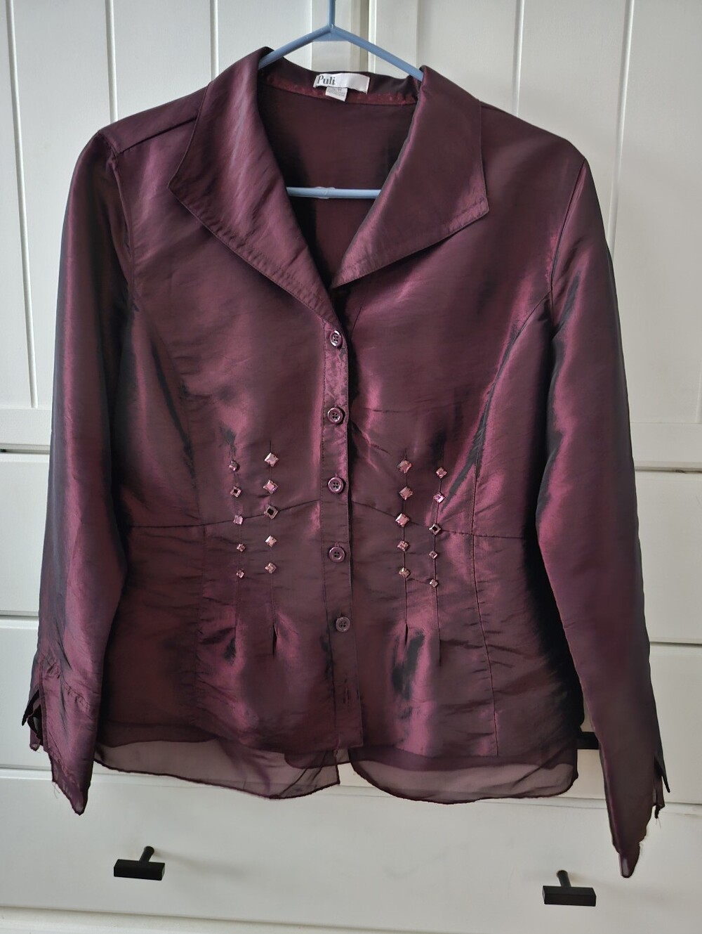 Deep Wine Coloured Shimmery Blouse with button accents. Sz M